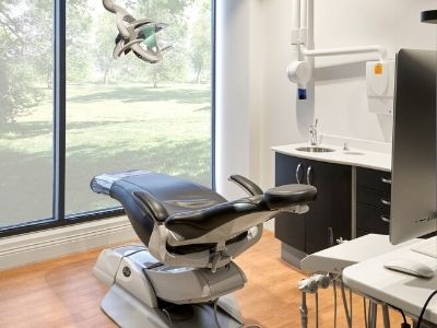 One of our dental chairs facing the window 