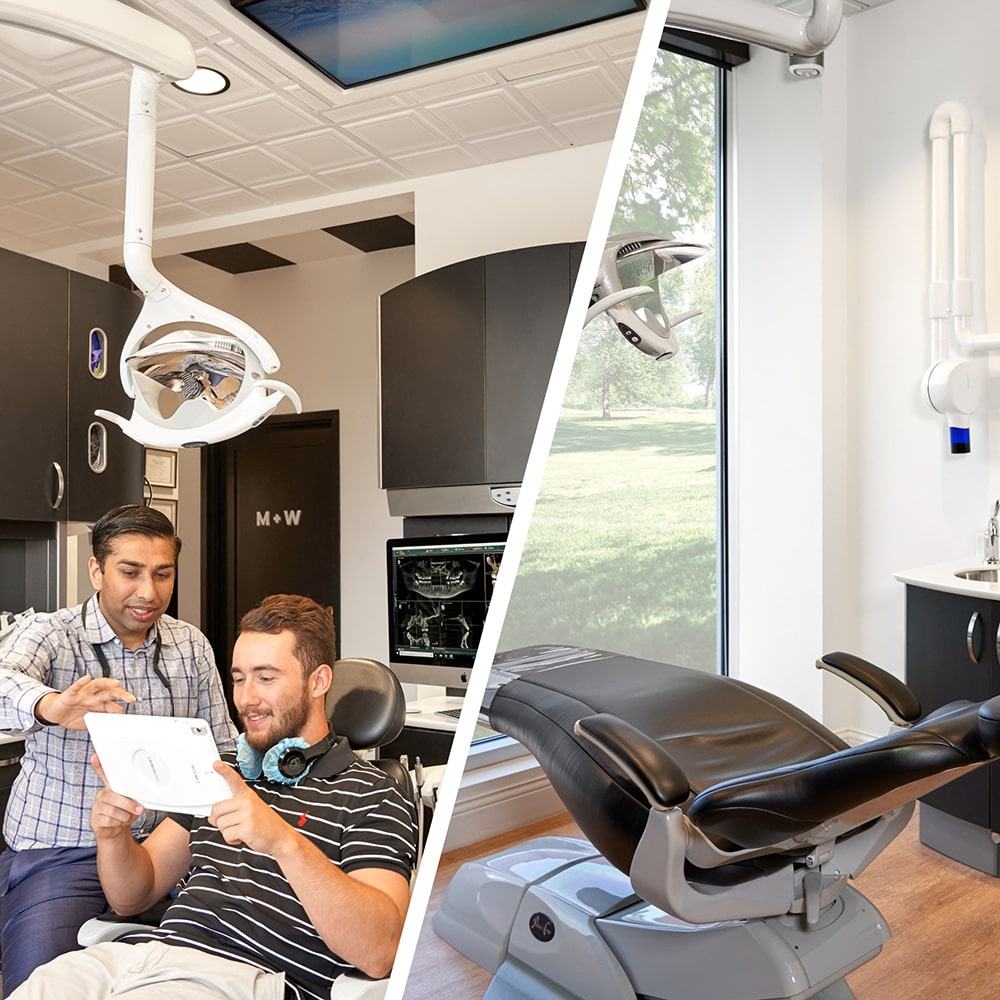 Collage of Dr. Patel working with a real patient in his Brentwood Dental office